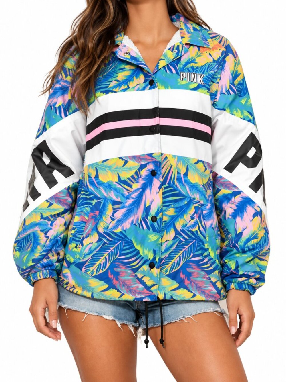 PINK Victoria’s Secret Women’s Tropical Print Sherpa Lined Jacket, S